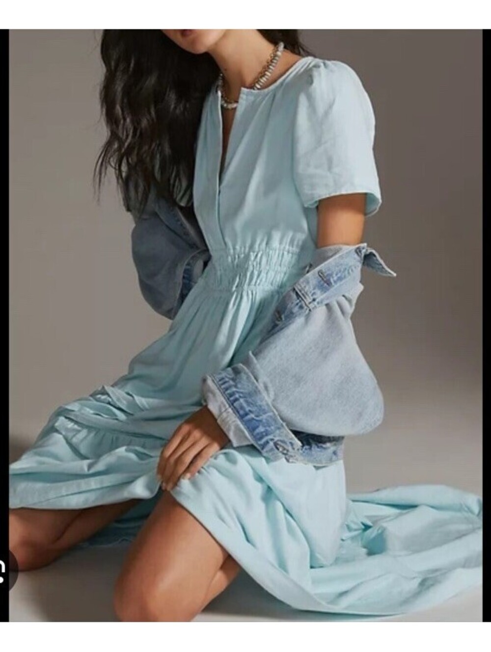 Anthropologie The Somerset Maxi Dress Linen Edition In Light Blue SMALL $170